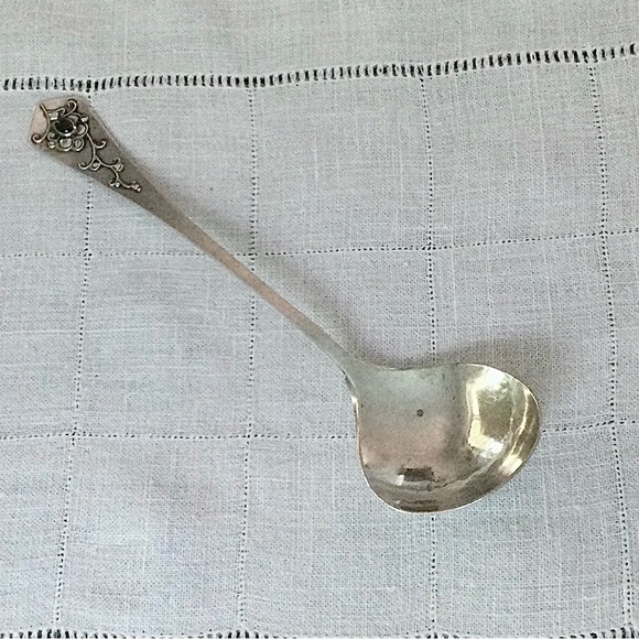 Hilde Vollers Floral Pattern w Bezel Set Garnet Silver Serving Spoon - Handmade - Picture 4 of 11